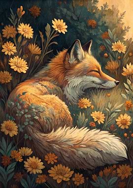 Sleeping Fox in a Field of Flowers