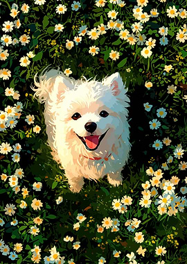 Happy Pomeranian in a Field of Daisies