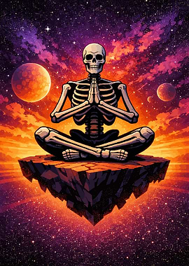 Skeleton meditating in space