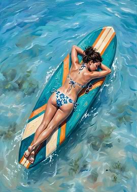 Woman sunbathing on a surfboard