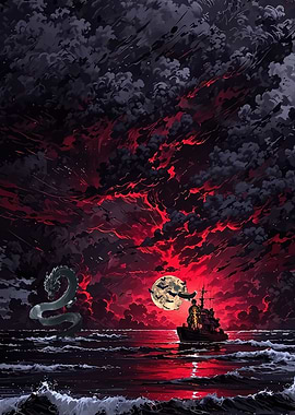 Dragon and Ship Under Red Sky