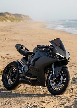 Matte Black Ducati Motorcycle on Beach