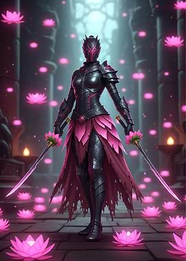 Warrior surrounded by pink lotuses