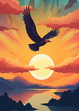 Eagle flying over a sunset lake