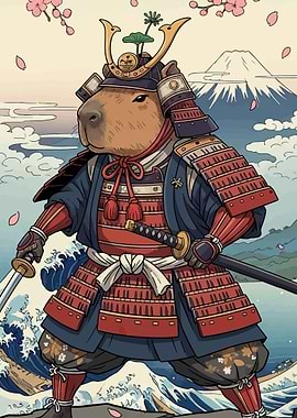Capybara Samurai with Mount Fuji