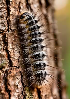 Hairy Caterpillar on Tree Bark