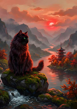 Black Cat at Sunset Over Japanese Landscape