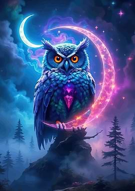Mystical Owl on Crescent Moon