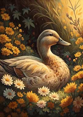 Duck in a field of flowers