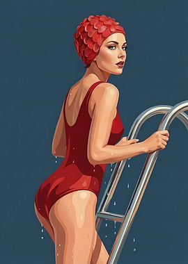 Woman in red swimsuit by pool ladder