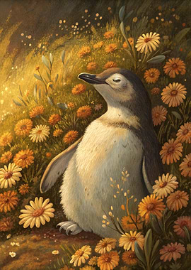 Cute Penguin in a Field of Flowers
