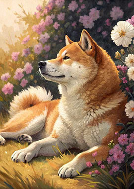 Shiba Inu in a Field of Flowers