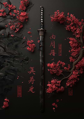 Samurai Sword with Cherry Blossoms and Dragon