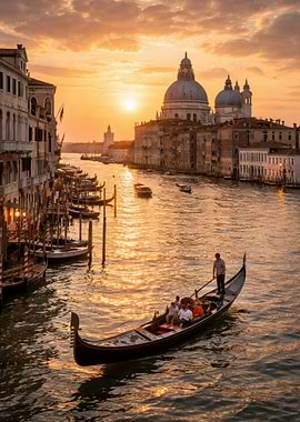 Venice Canal at Sunset with Gondola