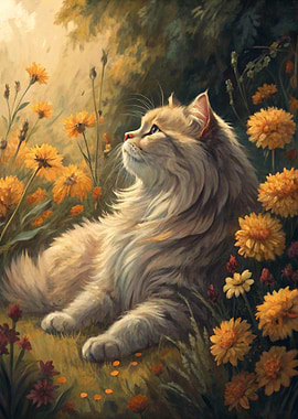 Fluffy Cat in a Field of Flowers