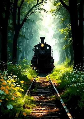 Steam Train in a Forest