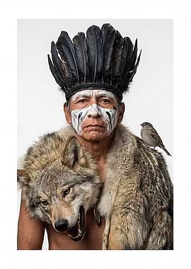Native American Man with Wolf and Sparrow