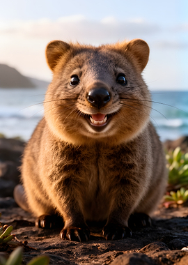 Happy Quokka on a Rocky Shore
