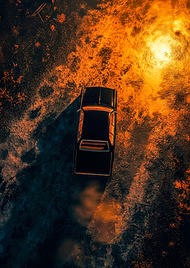 Overhead View of a Black Car in Fiery Water