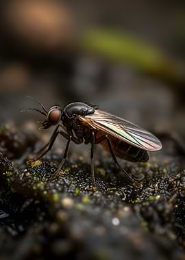 Macro shot of a fly on wet ground