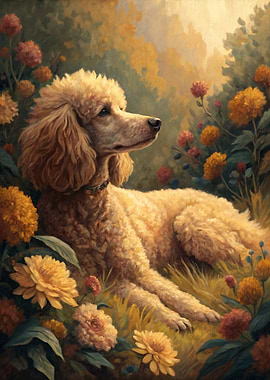 Poodle in a Floral Garden