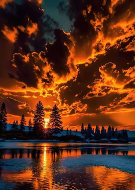 Fiery Sunset Over Icy Lake
