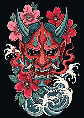 Japanese Oni Mask with Cherry Blossoms