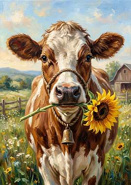 Cow Holding Sunflower in Field