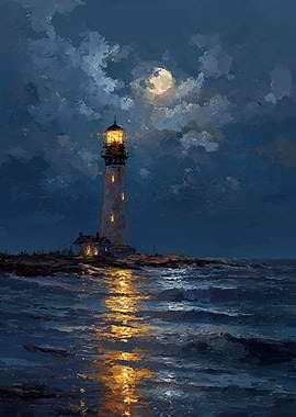 Moonlit Lighthouse on Rocky Shore