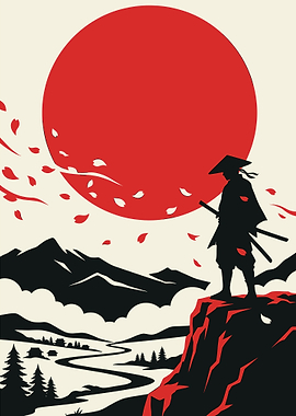 Samurai Overlooking a Japanese Landscape