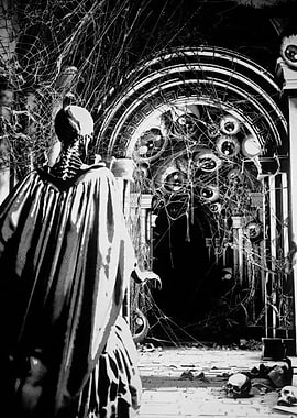 Skeleton Figure in Cobweb-Covered Archway