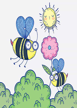 Cute Bees and Flowers Illustration