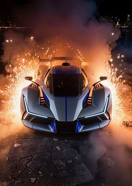 Futuristic Sports Car with Fireworks