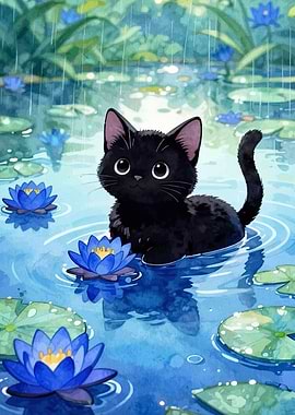 Cute Black Kitten in a Pond