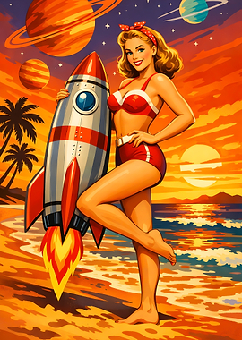 Pin-up Girl with Rocket on Beach 1950