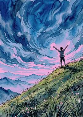 Person on Hilltop with Dramatic Sky