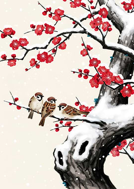 Sparrows on a Snowy Plum Tree