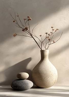 Minimalist Still Life with Dried Flowers and Stones