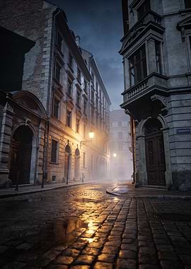 Rainy European Street at Night