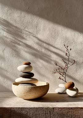 Zen stones in a bowl with branch