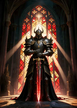 Knight with glowing sword in cathedral