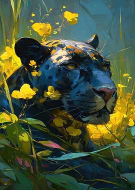 Black Panther in Yellow Flowers