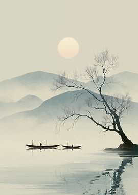 Serene Misty Landscape with Boats