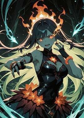 Fiery Anime Sorceress in Dark Forest