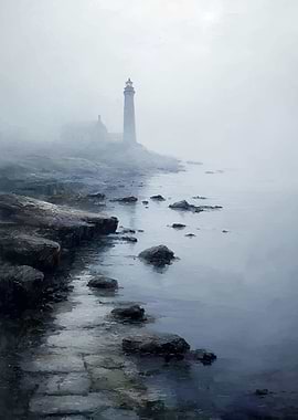 Misty Lighthouse on Rocky Coastline