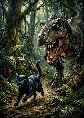 Dinosaur Chasing a Black Cat