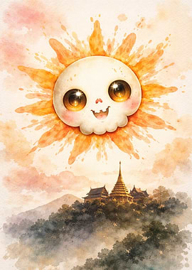 Cute Skull Sun Over Temple