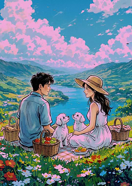 Couple Having a Picnic with Dogs