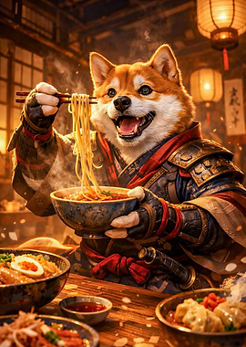 Shiba Inu Samurai Eating Ramen
