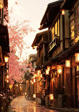 Japanese Street with Cherry Blossoms and Lanterns